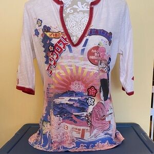 Vintage Y2K Lucky Brand White and Red Graphic Long Sleeve Top Size XL